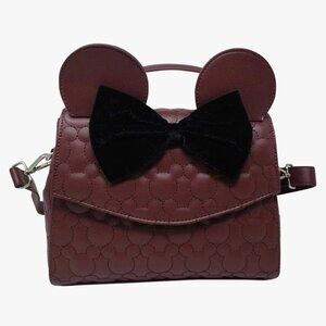NWT LOUNGEFLY Minnie Mouse Crossbody Burgundy Black Velvet Bow Quilted Satchel
